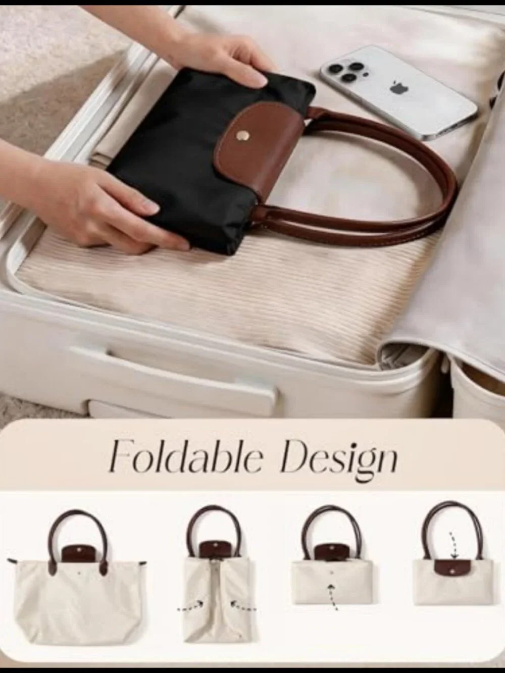 Nylon Tote Bag Foldable Waterproof Zipper Shoulder Bag Fits 16 inch Laptop